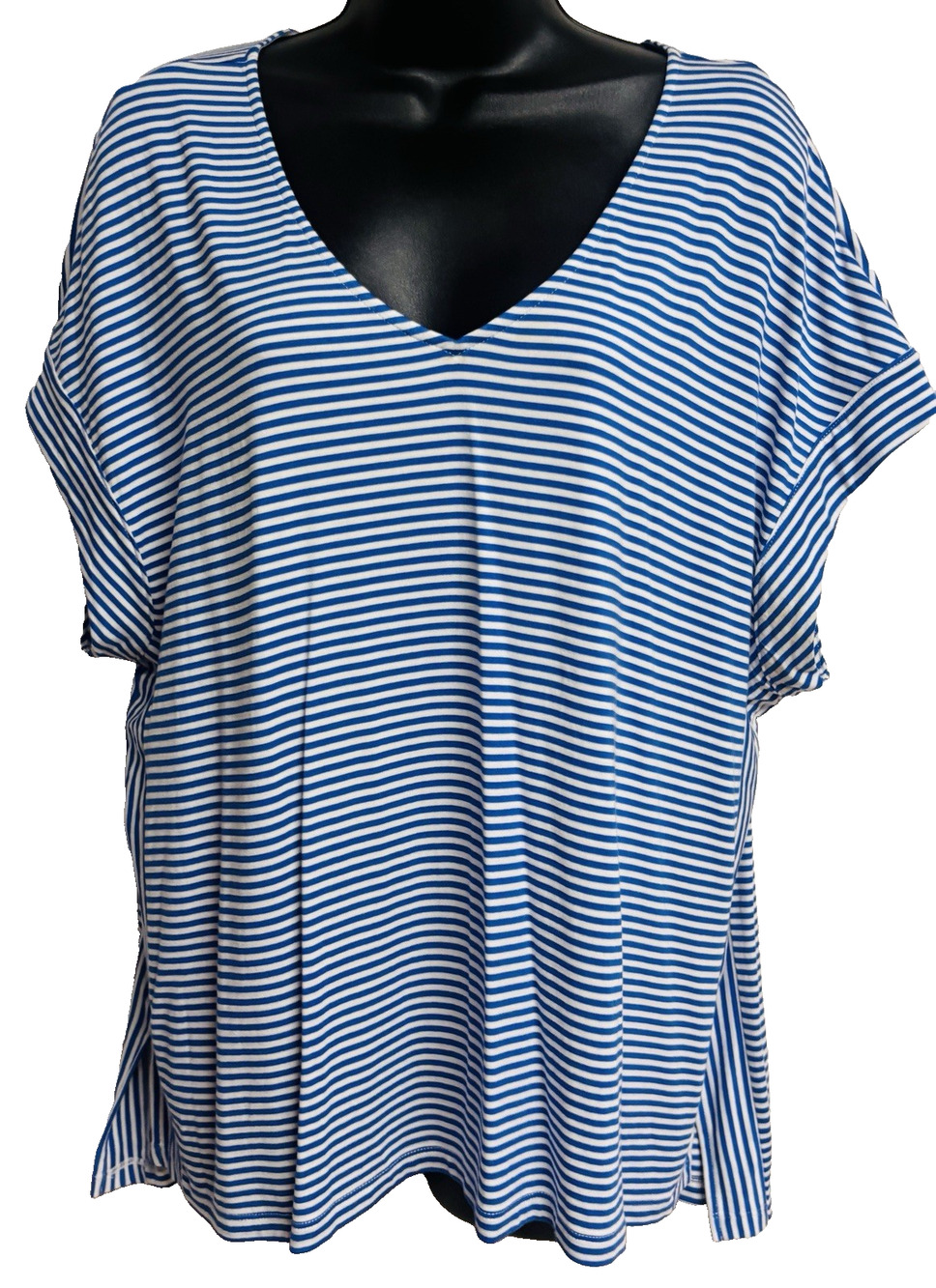 Tommy Bahama Womens Top Blouse Size Large Blue White Stripe Short Sleeve V-Neck